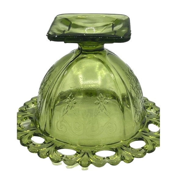 Vintage Green Glass Dessert Bowls Set Of 2 With Decorative Rim  Floral Design - Picture 13 of 15